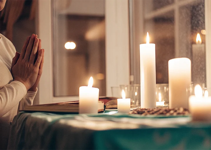 White Candles A Woman S Hands In Prayer A Teal G