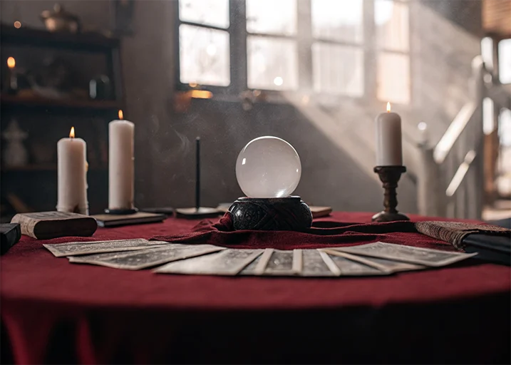 Tarot Cards Crystal Ball White Candles Red Tabl 2