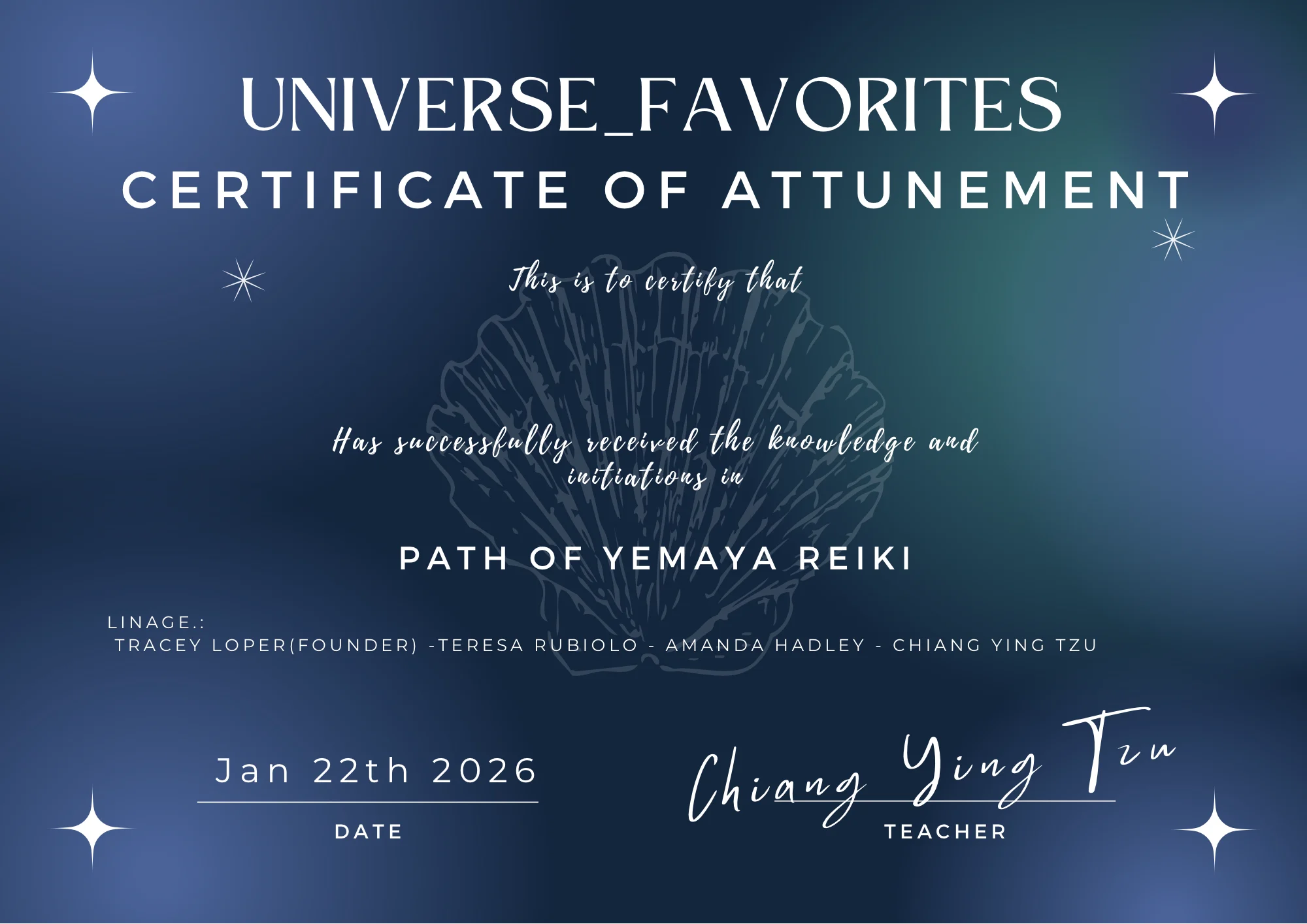 Yemaya Reiki Certificate